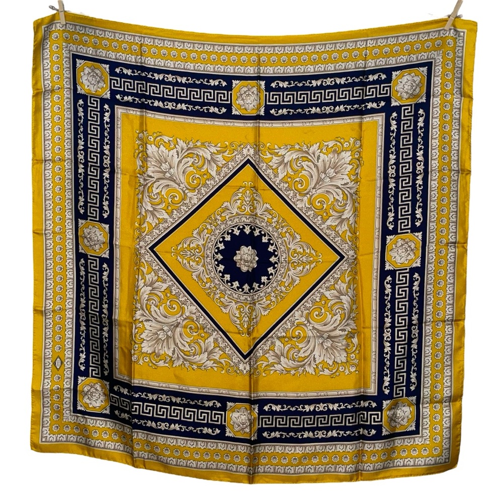 Versace Atelier 100% silk scarf baroque design 35" square yellow gold navy cream
